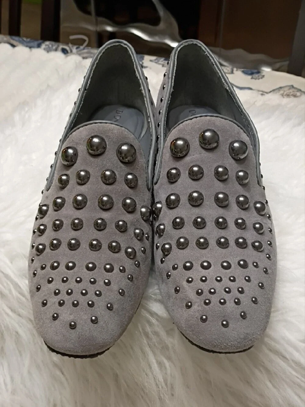 Women's Donald Pliner Rebel 2 Pewter Studded Suede Loafers in Gray 7M